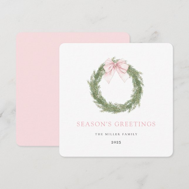 Pink Bow Wreath Christmas Feiertagskarte (Vorne/Hinten)