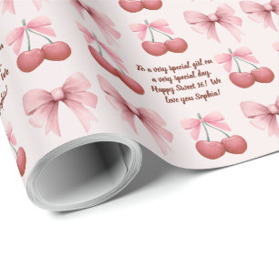 Pink Bows and Cherries Coquette Name Birthday Age Geschenkpapier