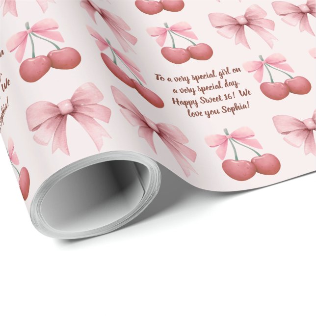 Pink Bows and Cherries Coquette Name Birthday Age Geschenkpapier (Rolleneckpunkt)