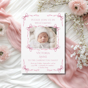 Pink Bows Baby Girl Foto Geburtskarte Ankündigung