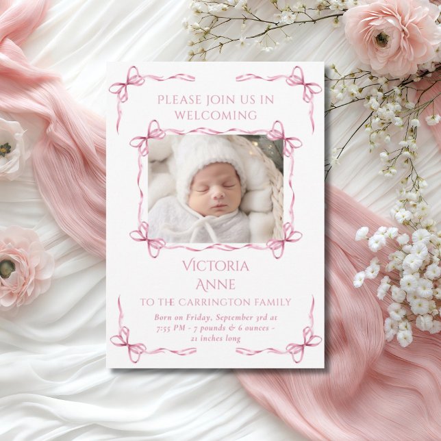 Pink Bows Baby Girl Photo Faire-part de naissance  (Créateur téléchargé)