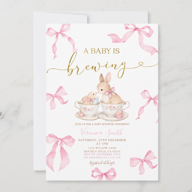 Pink Bows Bunny Tea Party Baby Shower Invitation (Devant)