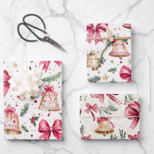 Pink Bows Gold Bells Weihnachten Geschenkpapier Set
