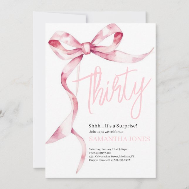 Pink Bows Modern 30. Geburtstag Party Einladung (Vorderseite)