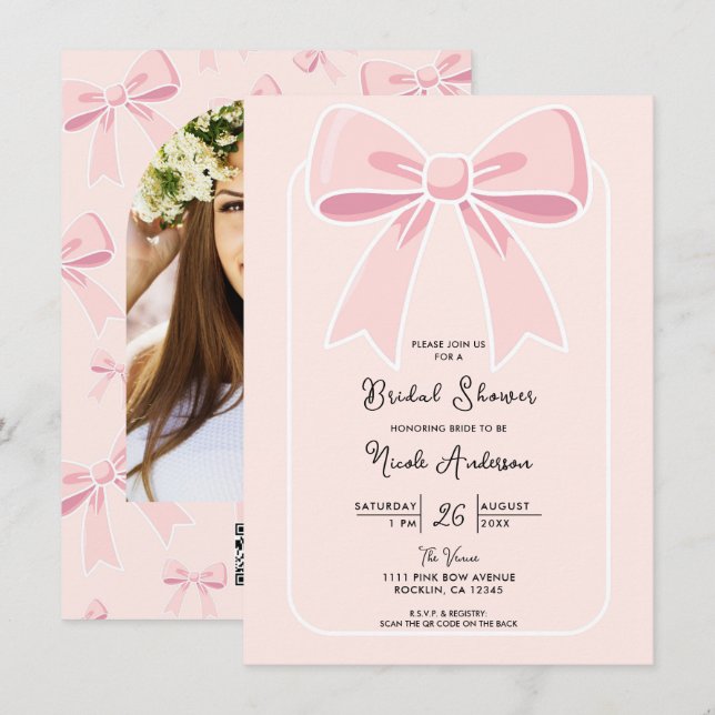 Pink Bows Niedlich Coquette Hütte Chic Brautparty Einladung (Vorne/Hinten)