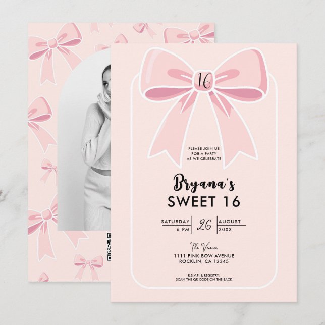 Pink Bows Niedlich Coquette Hütte Chic Sweet 16 Einladung (Vorne/Hinten)