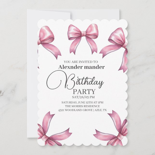 Pink Bows Trendy Girl Birthday Party Einladung (Vorderseite)