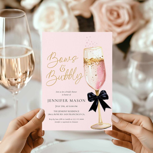 Pink Bows und Bubbly Brautparty Einladung (Pink Bows and Bubbly Bridal Shower Invitation)