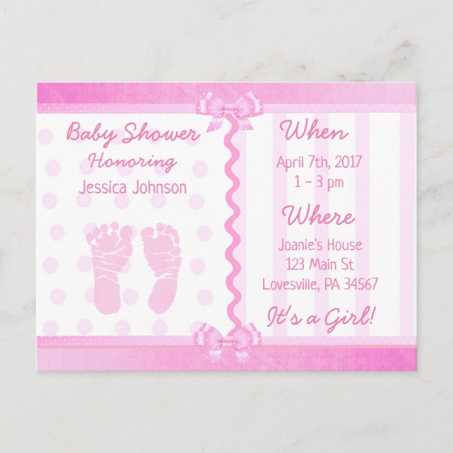 Pink Bows und Polka Dots Kinderdusche Einladung (Vorderseite)