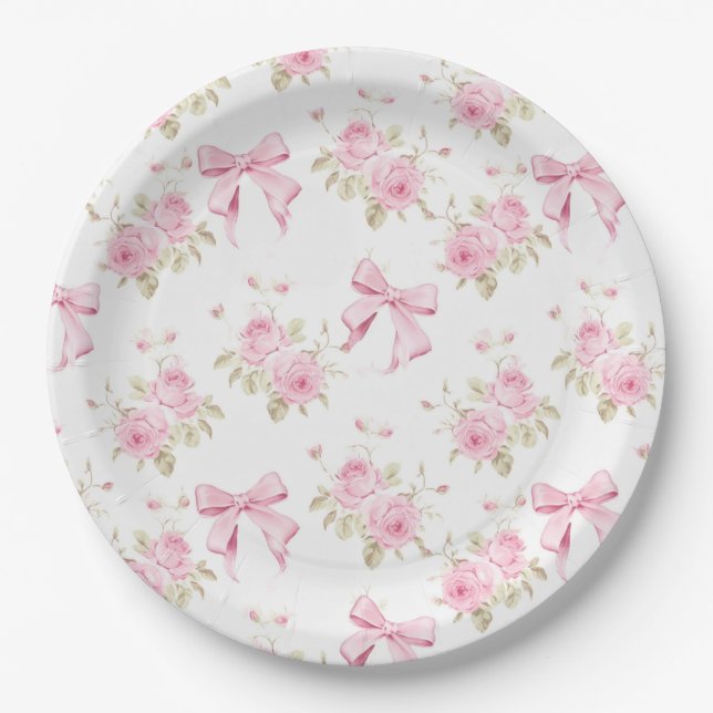 Pink Bows und Rose Coquette Brautparty Pappteller (Vorderseite)