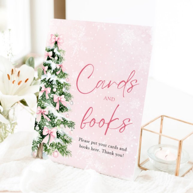 Pink Bows Weihnachtsbaumkarten und Bücher signiere Sockelschild (Pink Bows Christmas Tree Cards and Books Sign)