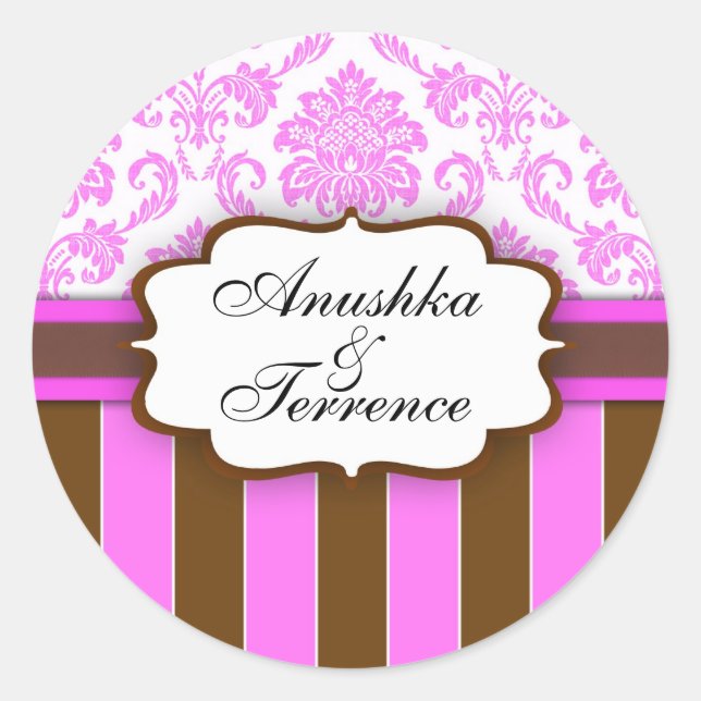 Pink-braune Damask Stripe Hochzeitsticker Runder Aufkleber (Vorderseite)