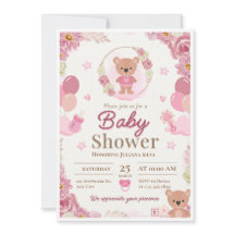 Pink & Brauner Teddybär Mädchen Baby Shower Einlad