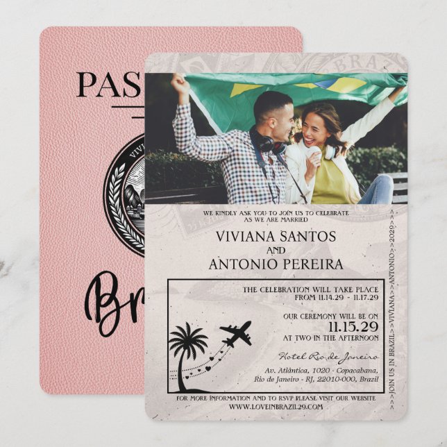 Pink Brazil Passport Wedding Einladung (Vorne/Hinten)