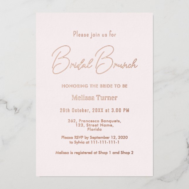 Pink Bridal Brunch-Kalligrafie Folieneinladung (Vorderseite)