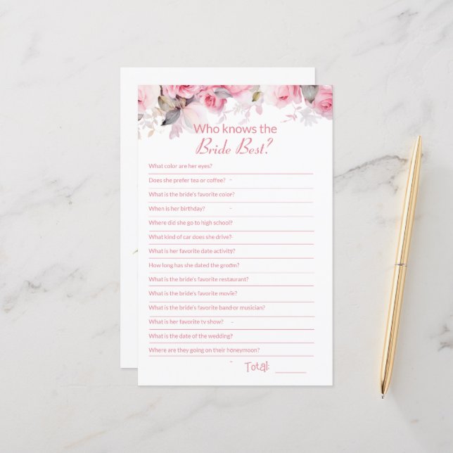 Pink Bridal Shower How well do you know Game Card (Vorderseite/Rückseite Beispiel)