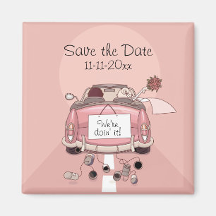 Pink Bride and Groom Getaway car "Save the Date" Magnet