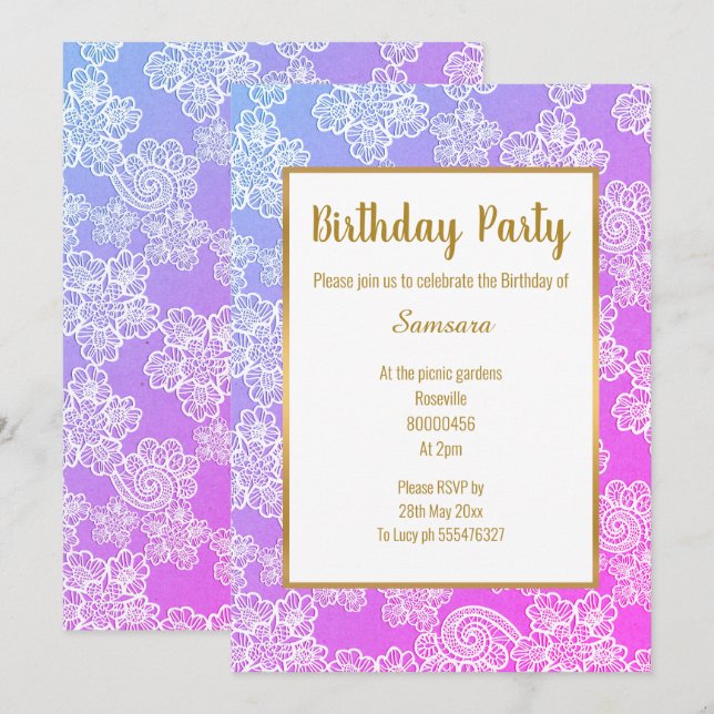 PINK BRIGHT LACE GOLD JEDEN ANLASS GEBURTSTAG EINLADUNG (Vorne/Hinten)