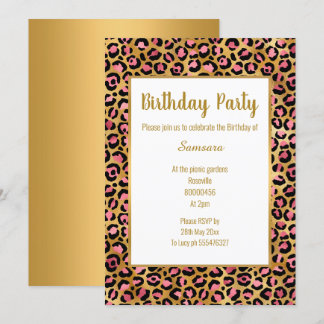 PINK BRIGHT LEOPARD GOLD JEDEN ANLASS GEBURTSTAG EINLADUNG