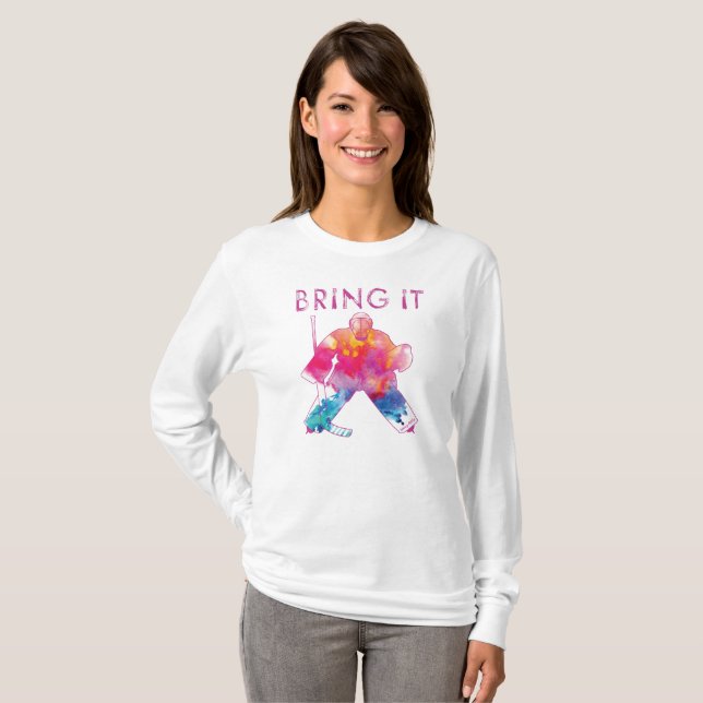 Pink bringen Hockey Goalie Wasserfarbe Frauen T-Shirt (Vorne ganz)