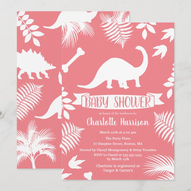 Pink Brontosaurus Dinosaur Babydusche Einladung (Vorne/Hinten)