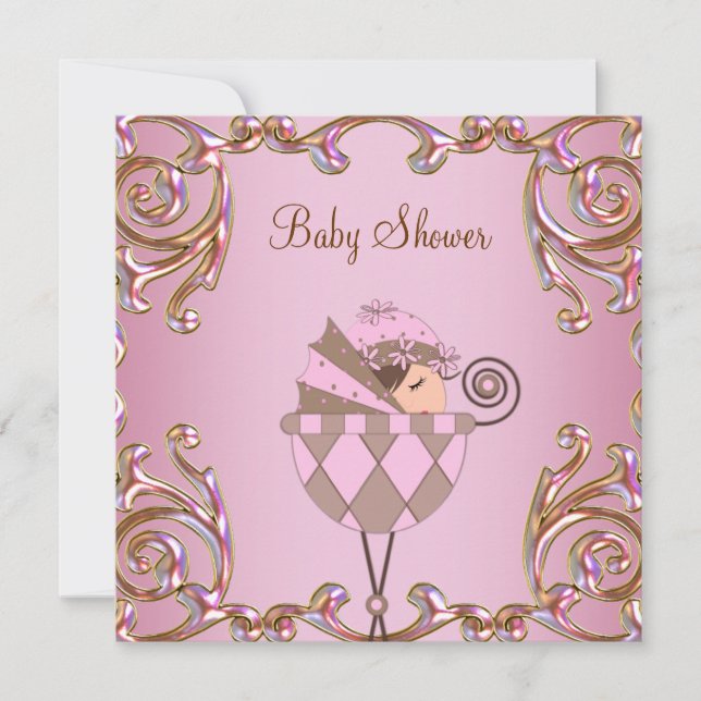 Pink Brown and Gold Girl Baby Dusche Einladung (Vorderseite)