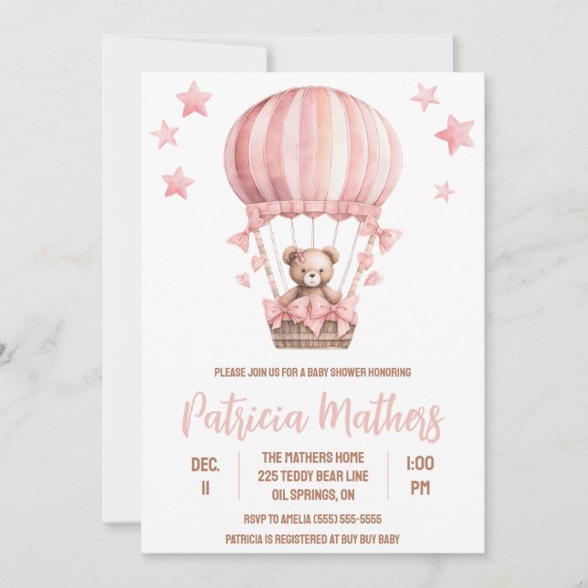Pink & Brown Bear in Hot Air Ballon Babydusche Einladung (Vorderseite)