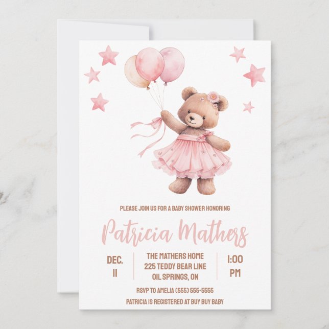 Pink & Brown Bear in Hot Air Ballon Babydusche Einladung (Vorderseite)