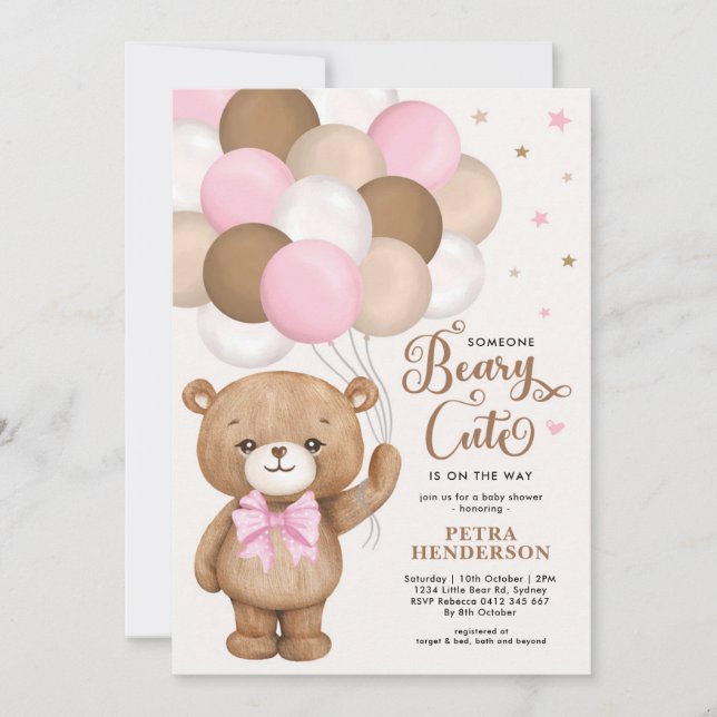 Pink Brown Beary Niedlich Teddy Bear Girl Babydusc Einladung (Vorderseite)