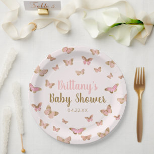 Pink Brown Butterfly Themed Baby Dusche Pappteller
