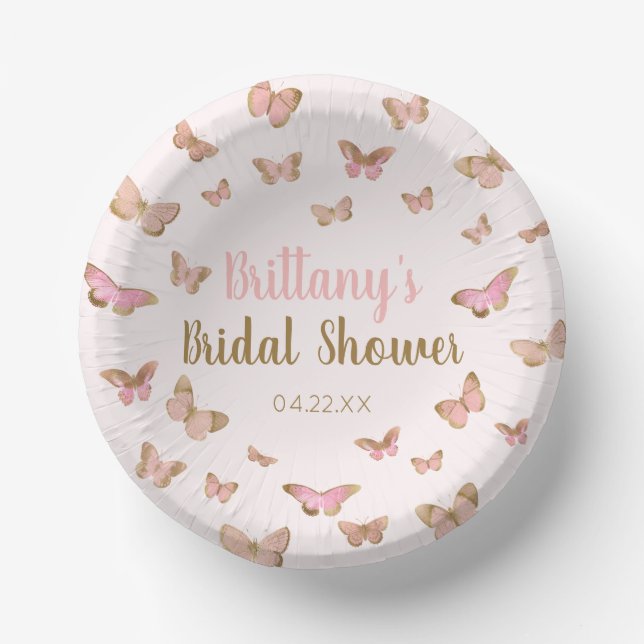Pink Brown Butterfly Themed Brautparty Pappteller (Vorderseite)