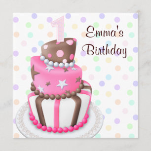 Pink Brown Cake präsentiert Mädchen 1. Geburtstag  Einladung