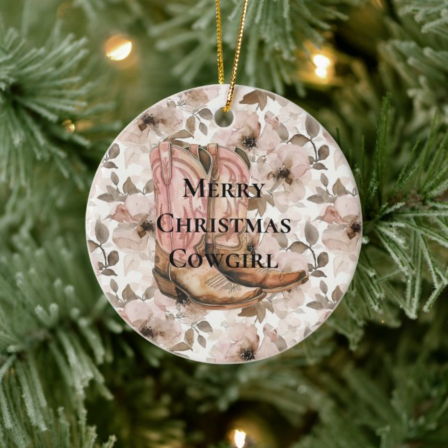 Pink Brown Cowgirl Boots Floral Christmas Keramik Ornament (Baum)