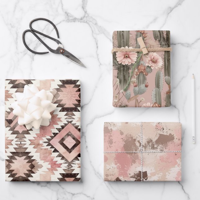 Pink Brown Cowgirl Southwestern Tribal Geburtstag Geschenkpapier Set (Vorderseite)