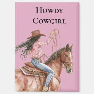 Pink Brown Cowgirl Südwest Pferd Schwarzes Haar Magnet