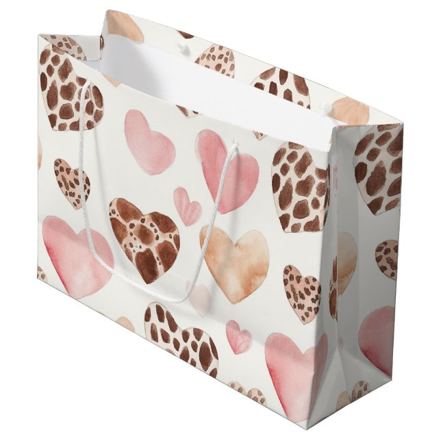 Pink Brown Cream Leopard Tierherzen Geburtstag Große Geschenktüte (Vorderseite Schrägansicht)