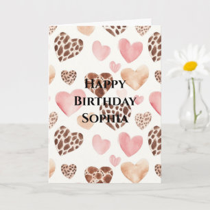 Pink Brown Cream Leopard Tierherzen Geburtstag Karte