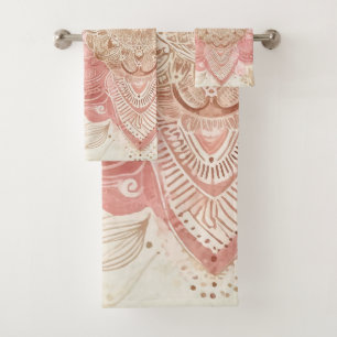 Pink Brown Cream Mandala Bohemisch Boho Mode Badhandtuch Set