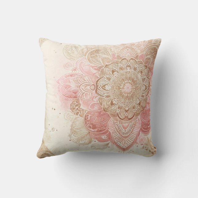 Pink Brown Cream Mandala Bohemisch Boho Mode Kissen (Rückseite)