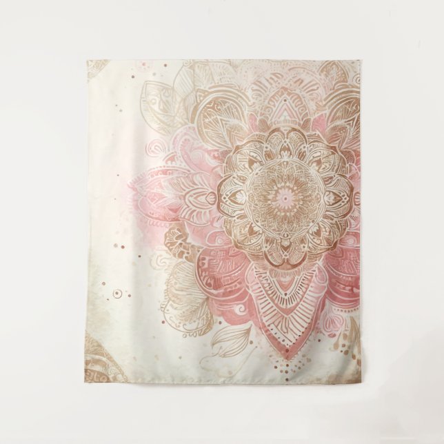 Pink Brown Cream Mandala Bohemisch Boho Mode Wandteppich (Vorderseite)