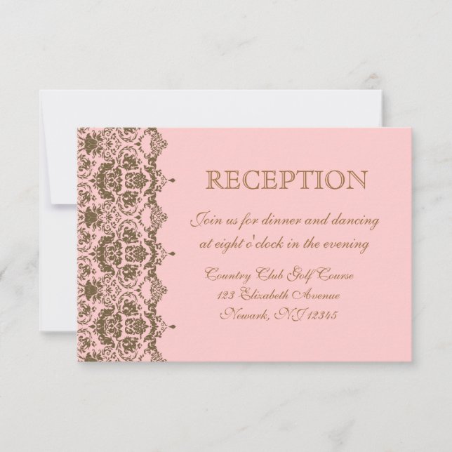 Pink Brown Damask Wedding Empfang Einladung (Vorderseite)