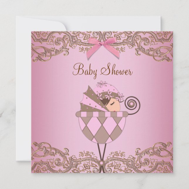 Pink Brown dentelle fille bébé douche Invitations (Devant)