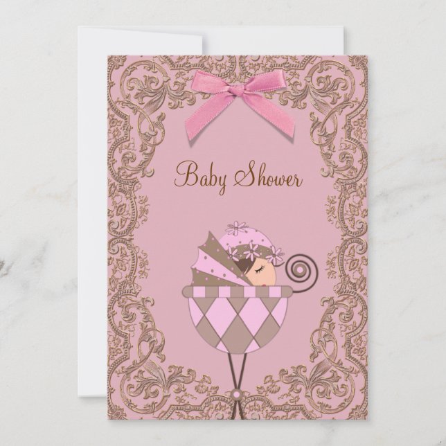 Pink Brown dentelle fille bébé douche Invitations (Devant)