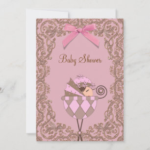 Pink Brown dentelle fille bébé douche Invitations