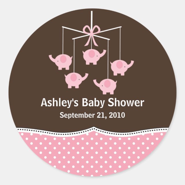 Pink & Brown Elephant Mobile Baby Dusche Runder Aufkleber (Vorderseite)