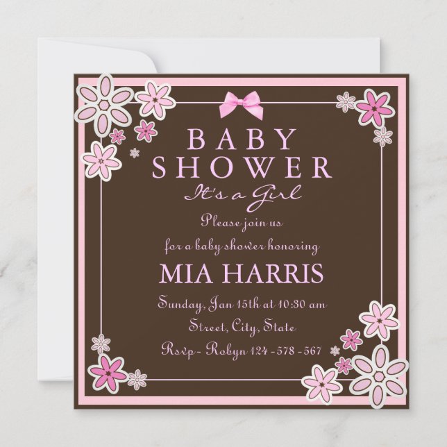 Pink & Brown Floral Moderne Babydusche laden ein Einladung (Vorderseite)