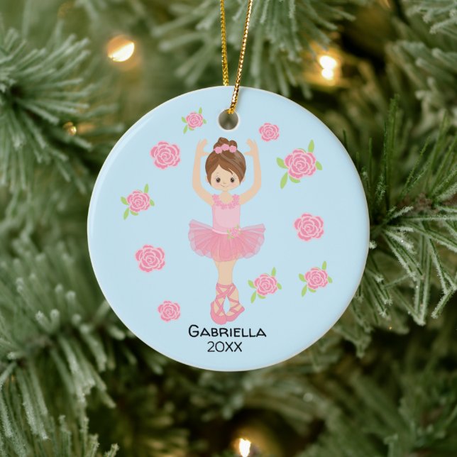 Pink Brown Haired Ballerina Weihnachten Keramik Ornament (Baum)