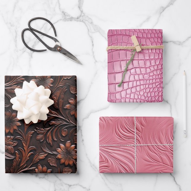 Pink Brown Imitats Leather Cowgirl Floral Geschenkpapier Set (Vorderseite)
