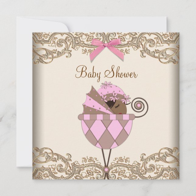 Pink Brown Lace African American Baby Girl Dusche Einladung (Vorderseite)