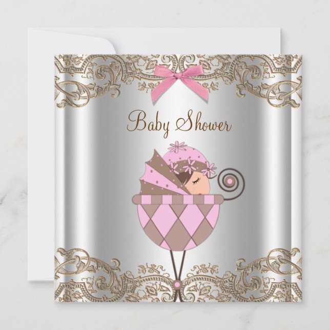 Pink Brown Lace Girl Babydusche Einladung (Vorderseite)